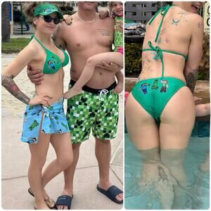 MINECRAFT Green Bikini Skirt Set With Visor Matching Men’s Swim Trunks S/L/XL